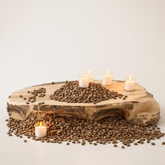 Wooden coffee table with cup-shaped wooden coffee beans and candles, , living room decor, coffee table