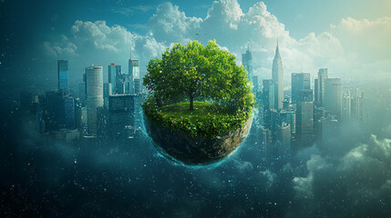 floating island with tree above city skyline symbolizes eco friendly innovation