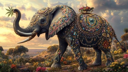 Fototapeta premium Ornate Elephant Sunset Landscape (1)