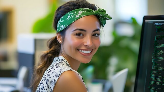 A smiling Latin female engineer in a business casual dress, reviewing code on her monitor while wearing a green headband
