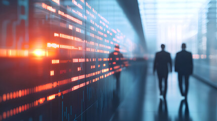 Businessmen Walking Through Futuristic Office with Data Visualizations and Digital Analytics in Background