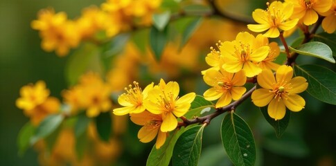 Yellow-orange blooms on bushy Berberis darwinii, yellow, orange
