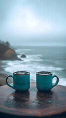 Two mugs of coffee on the table, overlooking the ocean
