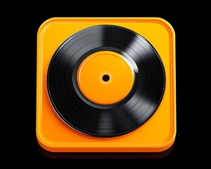 Obraz premium Digital music app icon, vibrant orange vinyl, black background