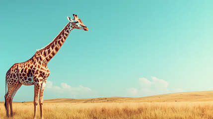 Obraz premium Majestic Giraffe Standing Gracefully in a Beautiful Savanna Landscape under a Clear Blue Sky