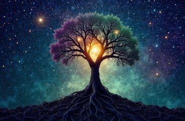 tree with roots made of tangled threads, representing thoughts and emotions