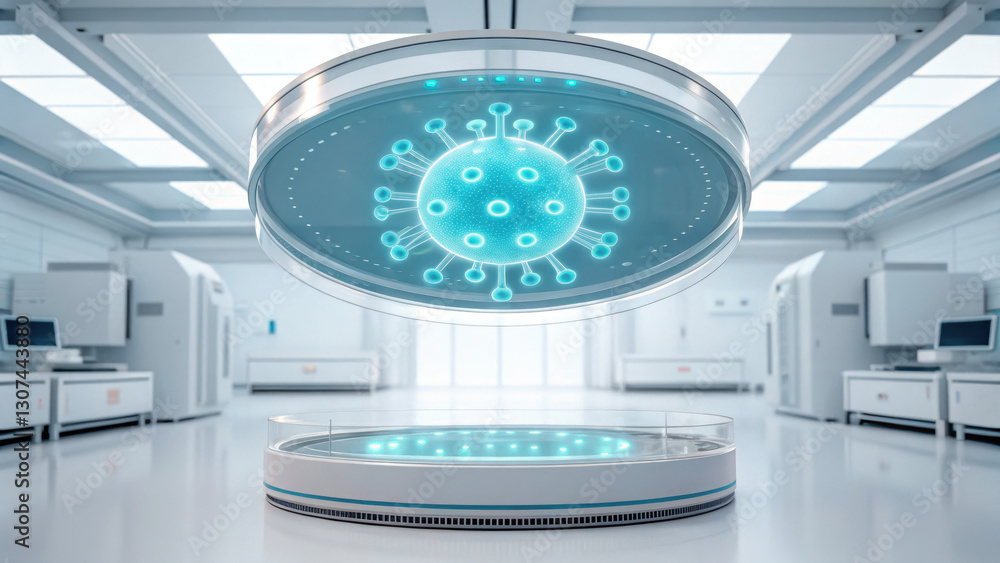 Poster futuristic floating petri dish with glowing microbial structure in lab. advanced technology showcase