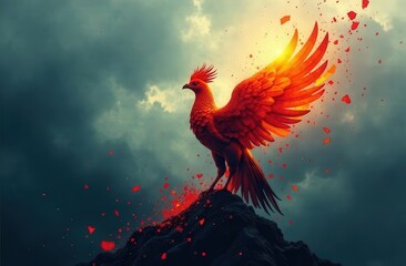 An abstract representation of mental health: a phoenix rising from fragmented, dark shards into a burst of light and color.