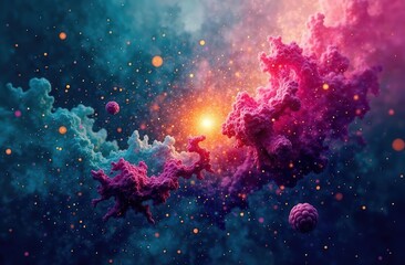 Abstract depiction of mental health: a kaleidoscope of geometric shapes, some sharp and fragmented, others smooth and flowing. In the center, a glowing sphere radiates calming energy. Colors: teal, ma