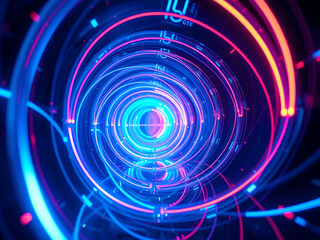 Fototapeta premium Neon Wire Cable Spiral: Abstract High-Tech Tunnel