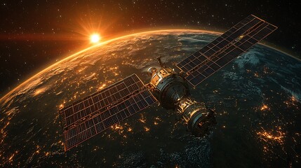 Satellite Orbiting Earth at Sunset Capturing City Lights and Atmospheric Glow
