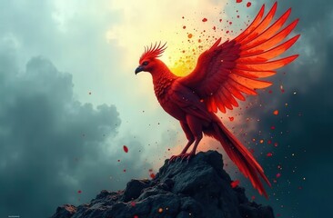 An abstract representation of mental health: a phoenix rising from fragmented, dark shards into a burst of light and color. Colors: fiery red, orange, and yellow, contrasting with deep black and gray.