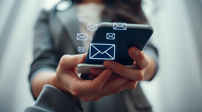 Woman hand holding smartphone and check email online on the application web have envelope icons floating on the mobile screen. notification newsletter, received or sending email marketing concep