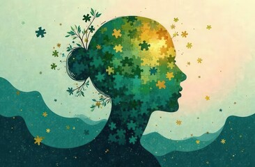 Abstract art symbolizing mental health: a human silhouette made of puzzle pieces, some missing, others coming together to form a complete picture. 