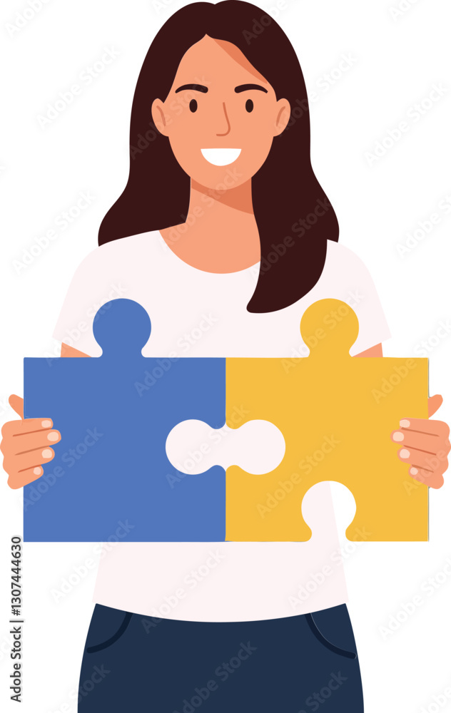 Poster a smiling woman holding two colorful puzzle pieces in a flat design style showcasing teamwork and pr