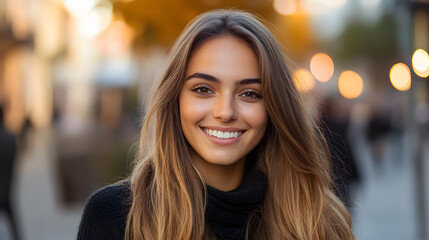 Obraz premium Young and attractive woman smiling outdoors in a park, enjoying a bright and cheerful sunny day.