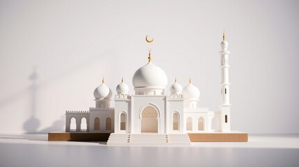 Obraz premium miniature Islamic mosque model with elegant domes, arched windows, and a crescent minaret is displayed against a white background