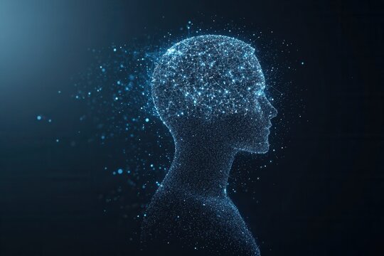 Futuristic depiction of AI driven politics with a silhouette formed by floating digital particles in a sleek blue environment Generative AI