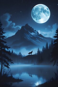 Mystical Moonlit Wilderness with Howling Wolf