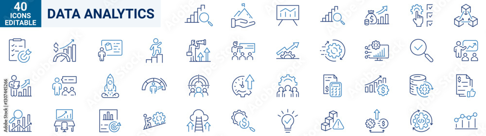 Poster data analytics web line icons set. analysis icons, big , data processing, chart and diagram icons, s