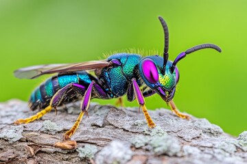 Fototapeta premium A blue wasp resting on a tree trunk, its iridescent body reflecting light