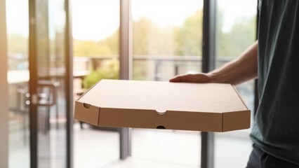 A close-up of a hand holding two stacked pizza boxes, ready for delivery. The image captures the simplicity and anticipation of receiving a fresh meal. Perfect for food delivery themes