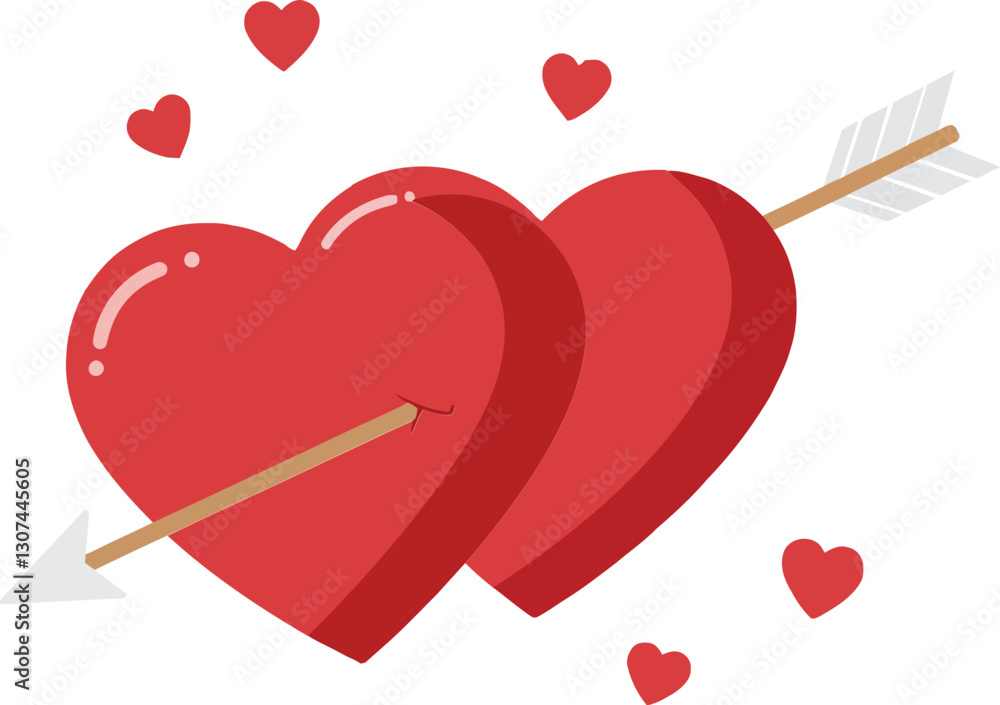 Poster two intertwined red hearts with an arrow piercing through them in a flat, cheerful style of vector a