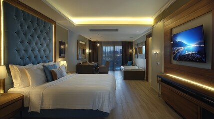 Luxurious hotel bedroom at night with city view