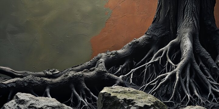 Dark earthy texture with exposed tree roots and rocks.