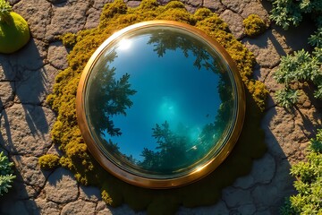 Golden Round Mirror Reflecting Sky and Trees on Mossy Stone Path