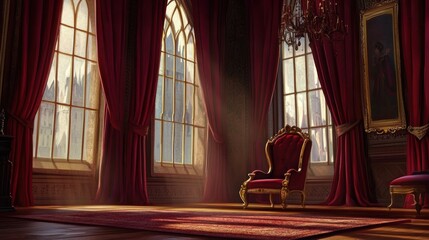 Luxurious royal room with sunlight streaming through tall windows