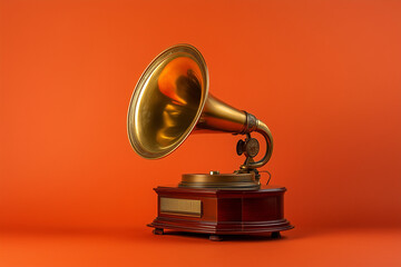 Vintage Gramophone with a Golden Horn Isolated on a Solid Background