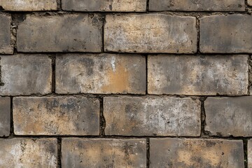 Fototapeta premium Seamless dirty cinder block weathered brick wall with a rustic appearance, showing signs of aging and discoloration.
