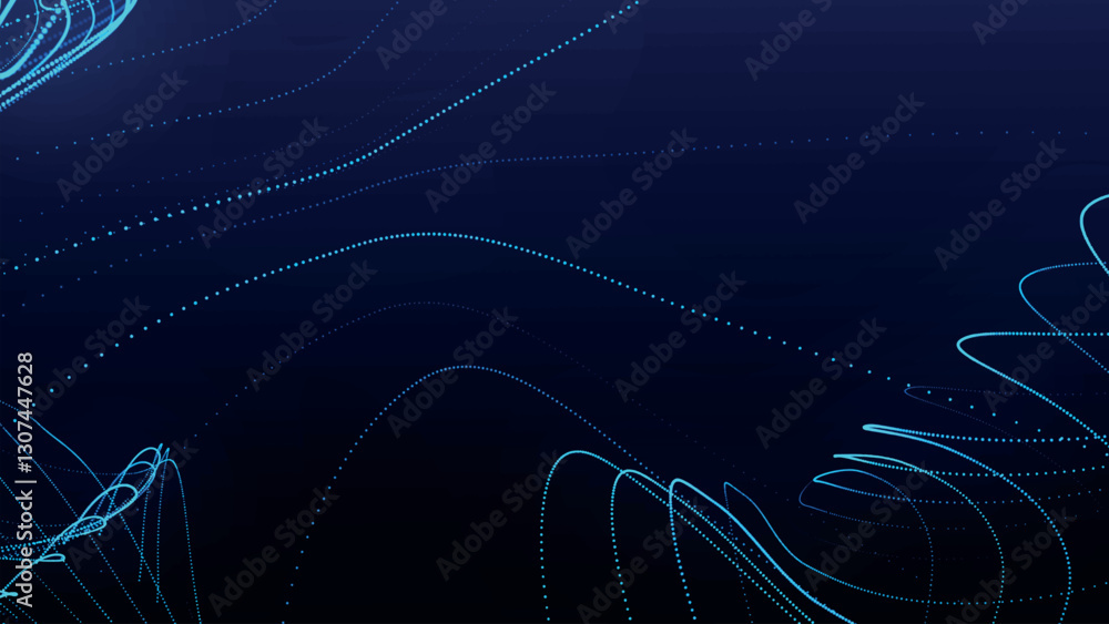 Poster dynamic wave of glowing particles. abstract dotted lines on dark background. chaotic colored lines. 