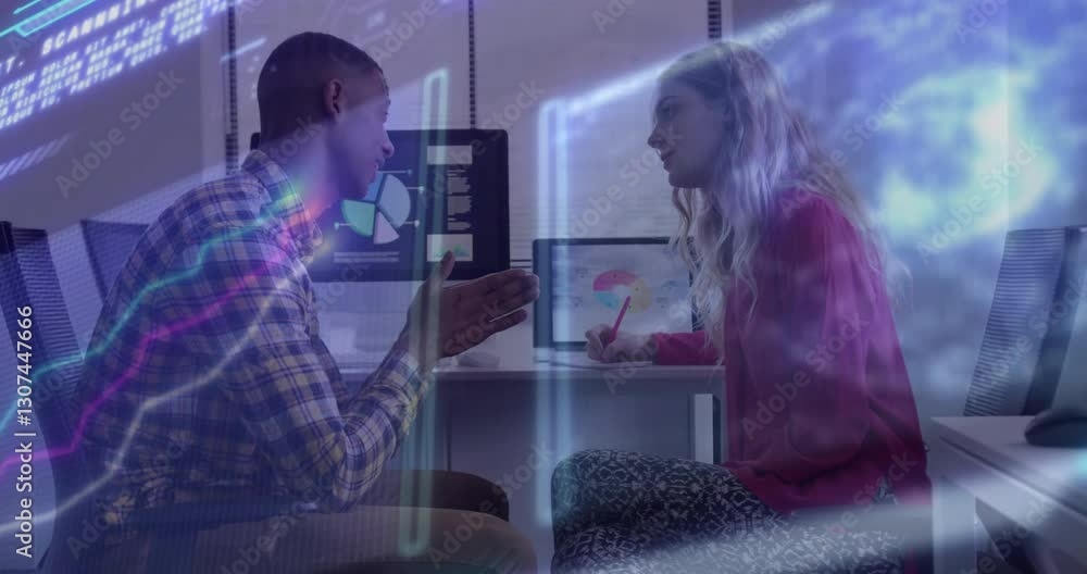 Poster discussing data analysis, colleagues using animation overlay in office setting