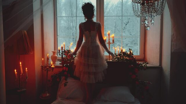 Portrait sexy girl princess sitting on windowsill looking out window waiting love. victorian lady beauty face. Sad Fantasy woman queen elf vintage dress white room old style. winter view tree candles