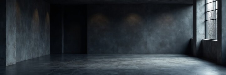 Minimalistic urban interior with black concrete surfaces, walls, empty room