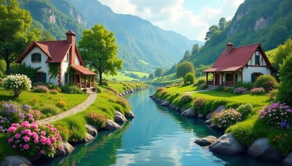 Fototapeta premium Quaint rural scene with winding rivers, lush greenery, charming cottages, and vibrant flowers, flowers, cottages