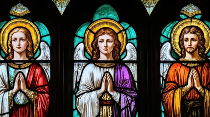 Obraz premium Medieval Stained Glass Window Depicting Saints and Angels in Light