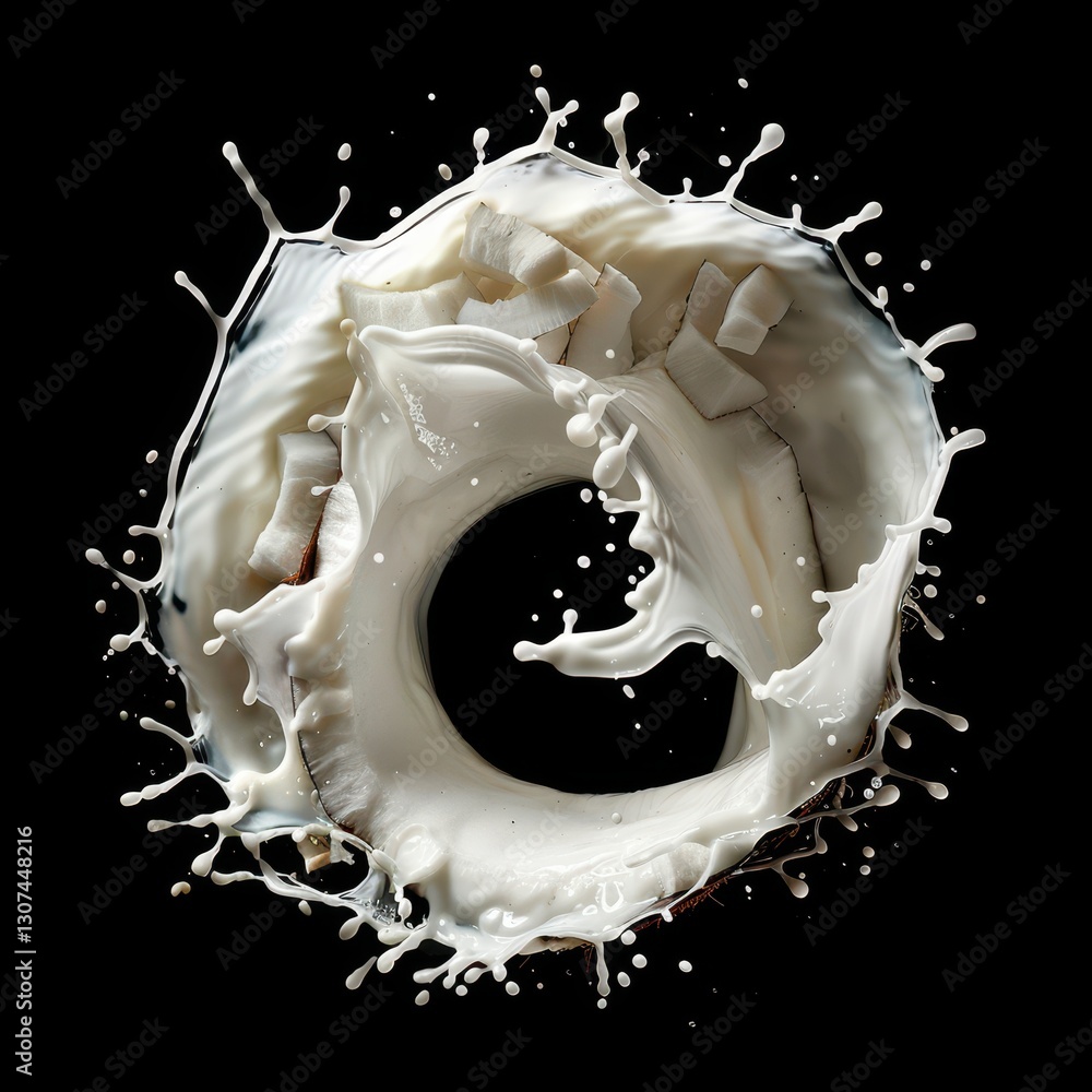Poster circular splash of coconut milk creating dynamic visual energy against dark background