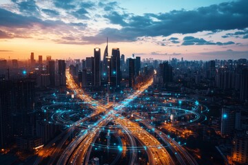 Urban Metropolis Nightscape with Glowing Network Connections