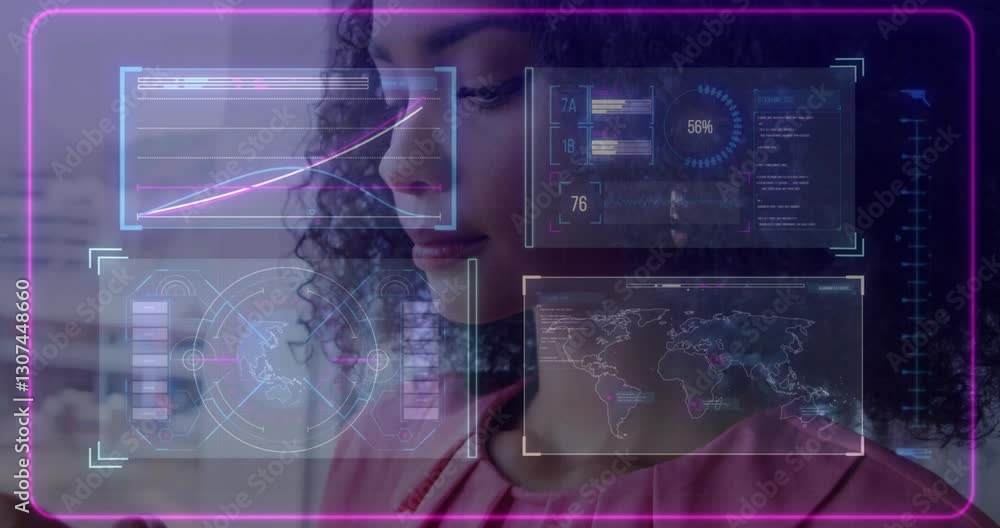 Poster analyzing digital data interfaces with graphs, businesswoman using animation in office