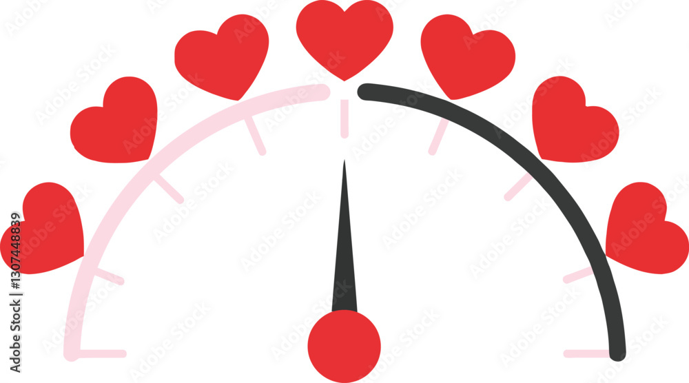 Poster heart-themed gauge displaying love meter in flat design style showcasing vibrant red hearts and a ce