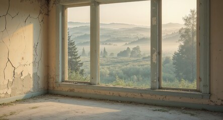 Abandoned Room with Broken Wall and Framed Window Overlooking Natural Landscape