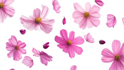 Pink Cosmos Flowers Falling on White Background