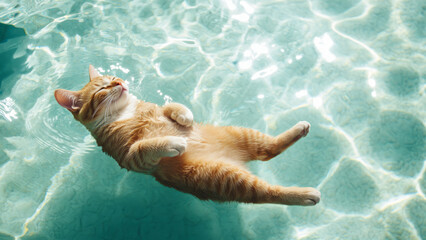 Relaxed Cat Floating on Its Back in a Blue Swimming Pool Under Sunlight