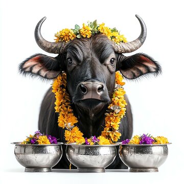Decorated bull with flowers and bowls.
