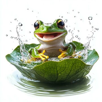 Frog enjoying splash on a lily pad.