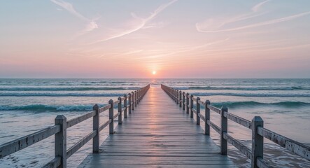 Obraz premium A serene seaside walkway leading to the ocean with the sun setting on the horizon casting a golden reflection on the water