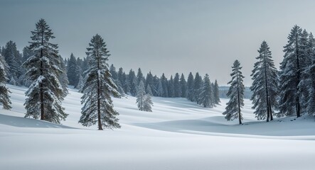 Serene Winter Landscape with Rolling Snowdrifts and Pine Trees.